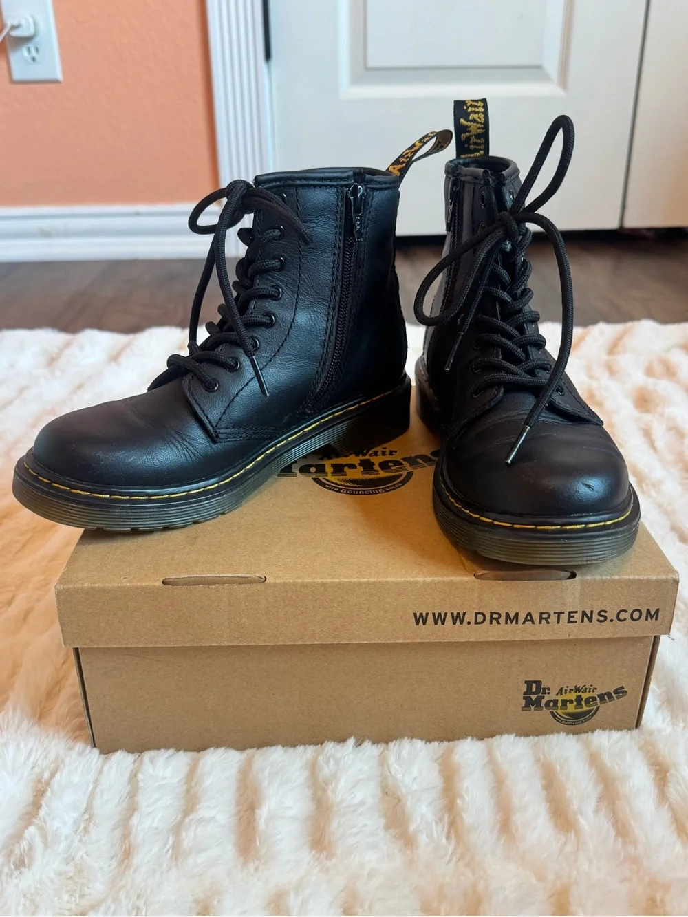 Dr. Martens Black Leather Lace-Up Boots with Yellow Stitching (Kids)